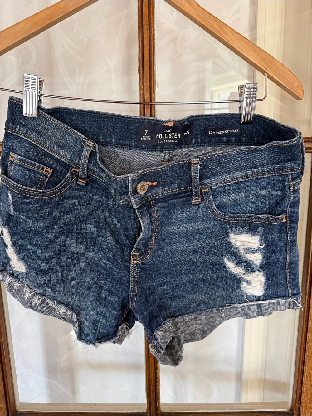 Hollister Women's Distressed Dark Blue Denim Low-Rise Shorts